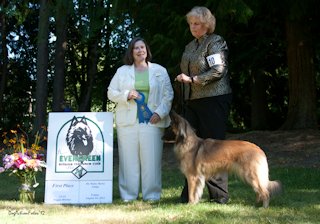 A Belgian Tervuren standing with its handler and the judge beside a First Place sign at an outdoor show