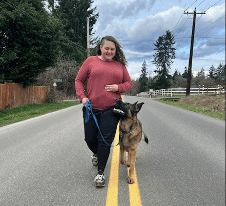 A German Shepherd heeling beside its handler on a country road